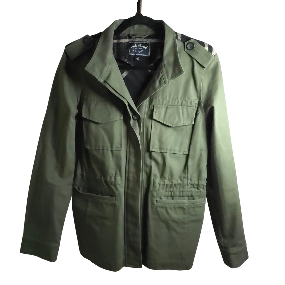 Lucky Brand Utility Jacket Women's Small Green Plaid Lined Military‎ Style